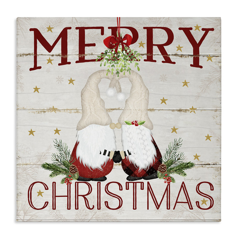 «Holiday Gnomes Under Mistletoe», art mural encadré sur toile flottante par Jennifer Pugh, H 17 po x l 17 po