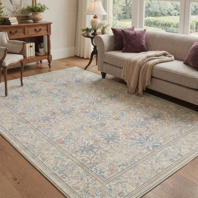 Floret Modern Machine Washable Pink / Beige / Blue Indoor Area Rug with Non-Slip Backing, Round 5'