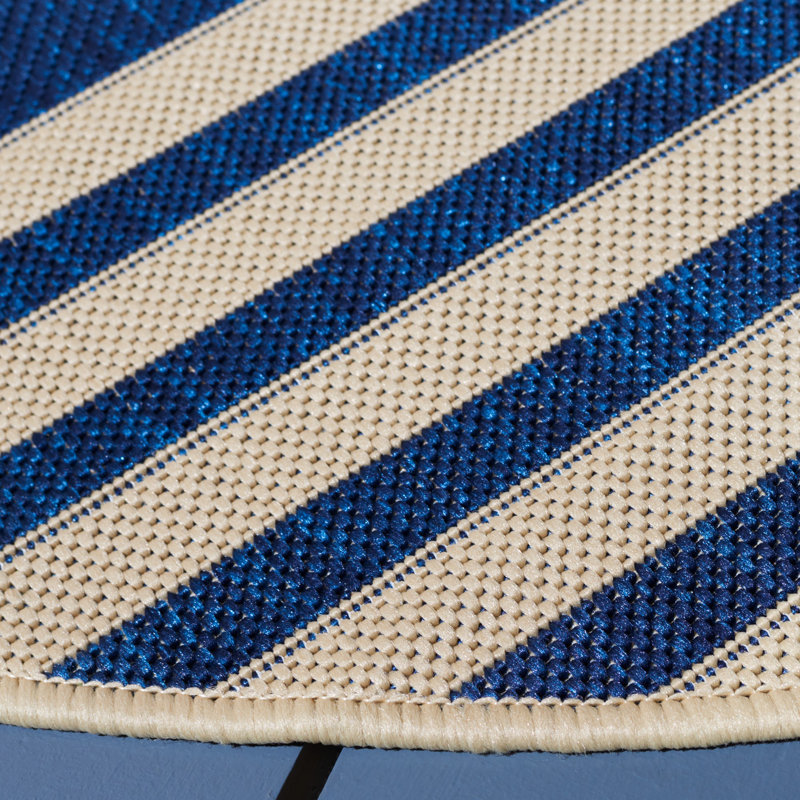 Tapis intérieur / extérieur rayé bleu marine / beige Arneshia, Rond 7 pi 1 po