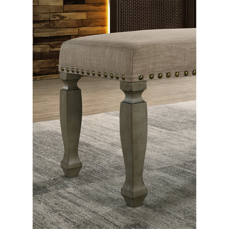 Antique Gray Finish Bench With Peaceful Tan Cushioned Seat And Nailhead Trim Upholstered In Soothing