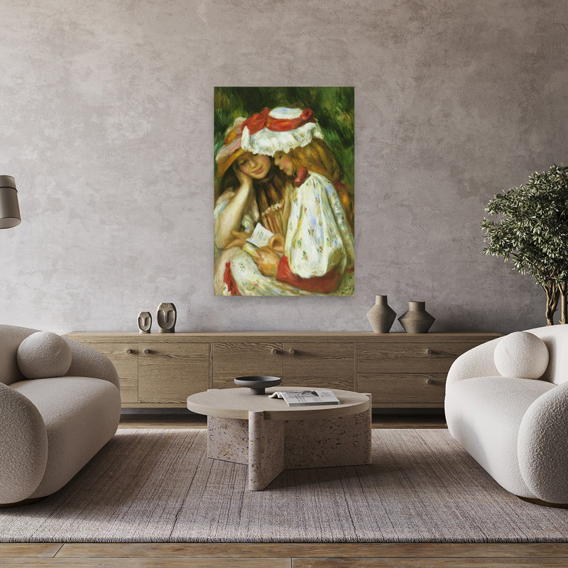 Deux filles lisant un classique de printemps contemporain, impression d'art mural, H 48 po x l 32 po
