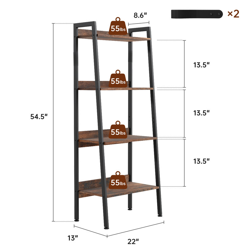 Ladder Bookcase, 4 Tier 22" Wide Steel Storage Shelf with Anti-Tip Feature, Brown