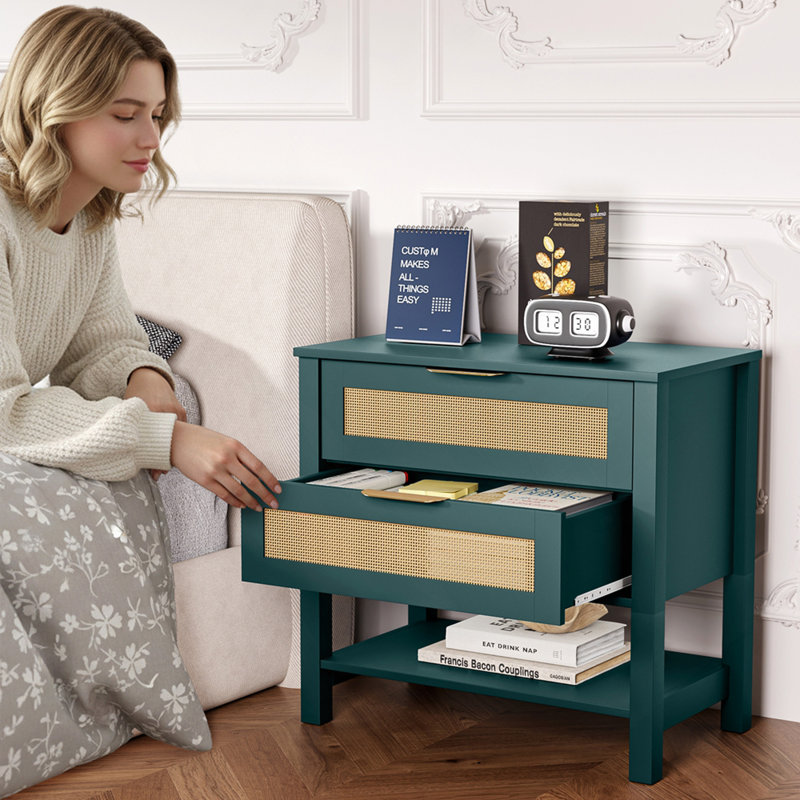 Table de chevet étroite en rotin avec 2 tiroirs et tablette de rangement Boho, Green, Green, Green