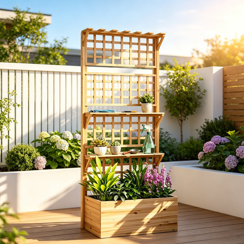 Jardinière surélevée en bois massif avec toit en treillis et tablettes
