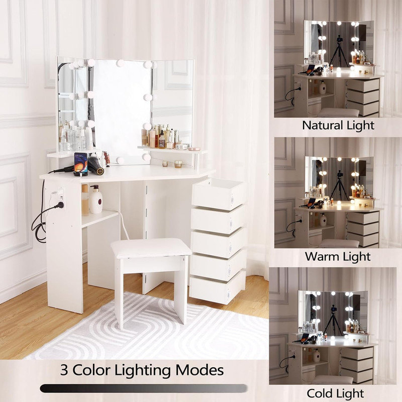 Ensemble de coiffeuse de coin avec miroir à DEL et station de charge, blanc