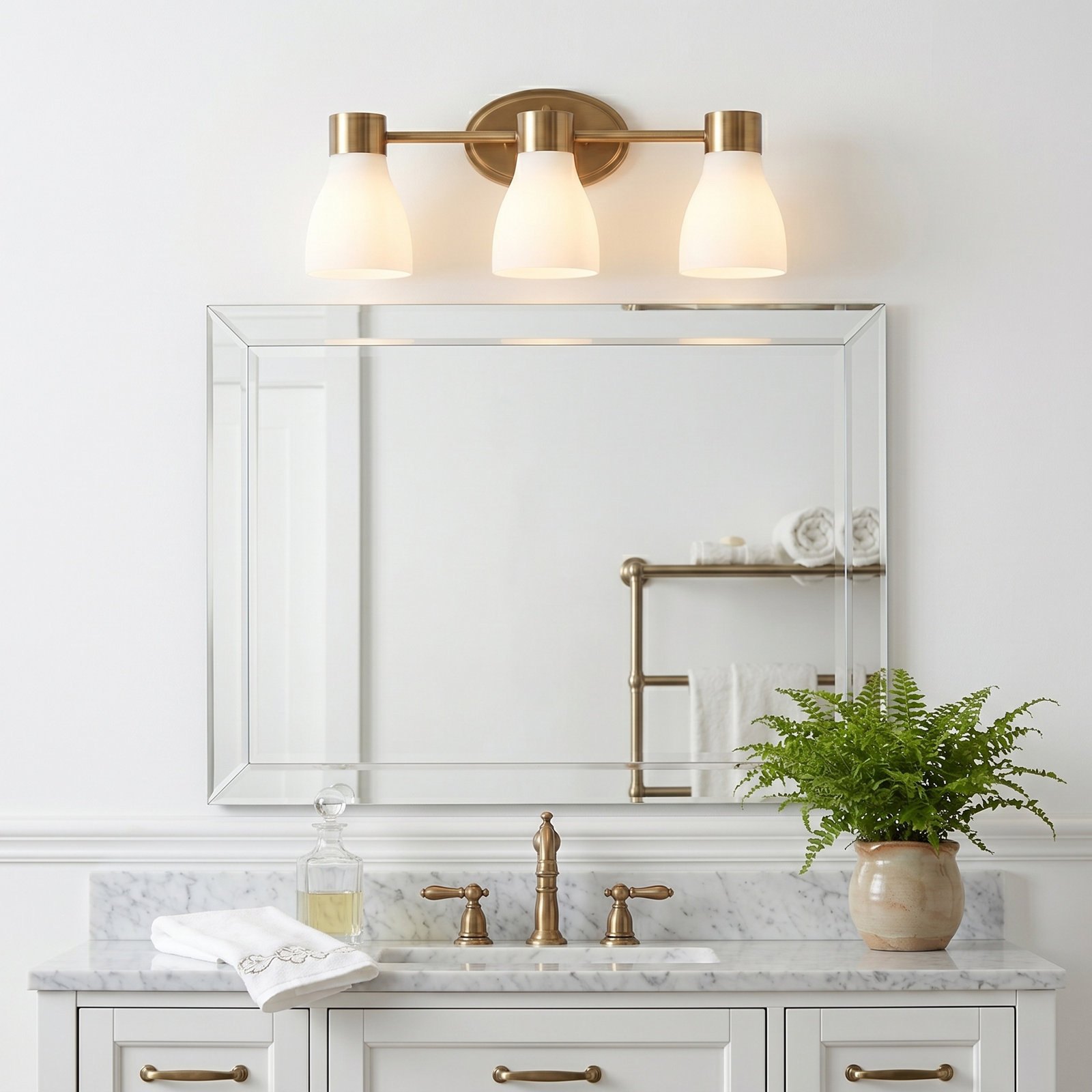 3-Light Brushed Brass Vanity Light with Acid-Etched Opal Glass Shades, Brushed Brass, 3
