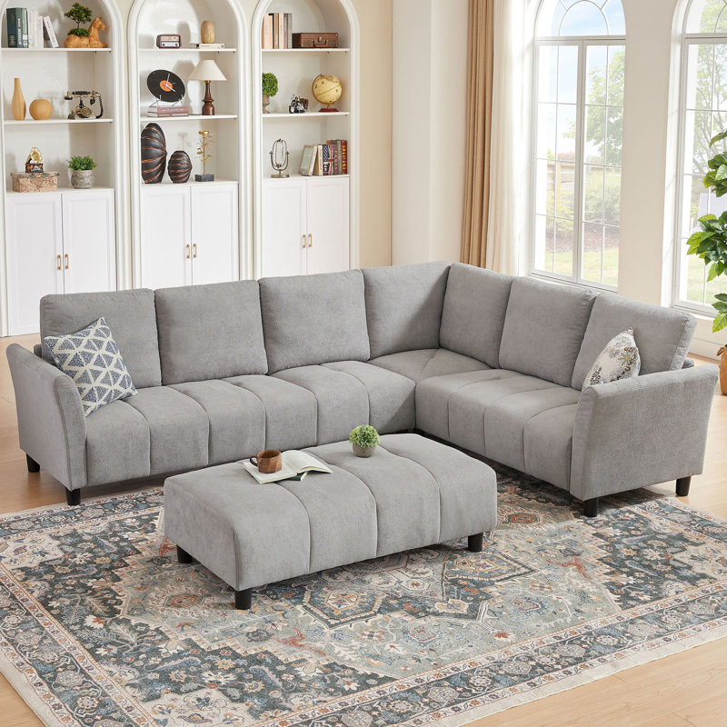 Canapé modulaire réversible "l 102,56" avec siège d'angle et banc allongé, Tissu gris pâle