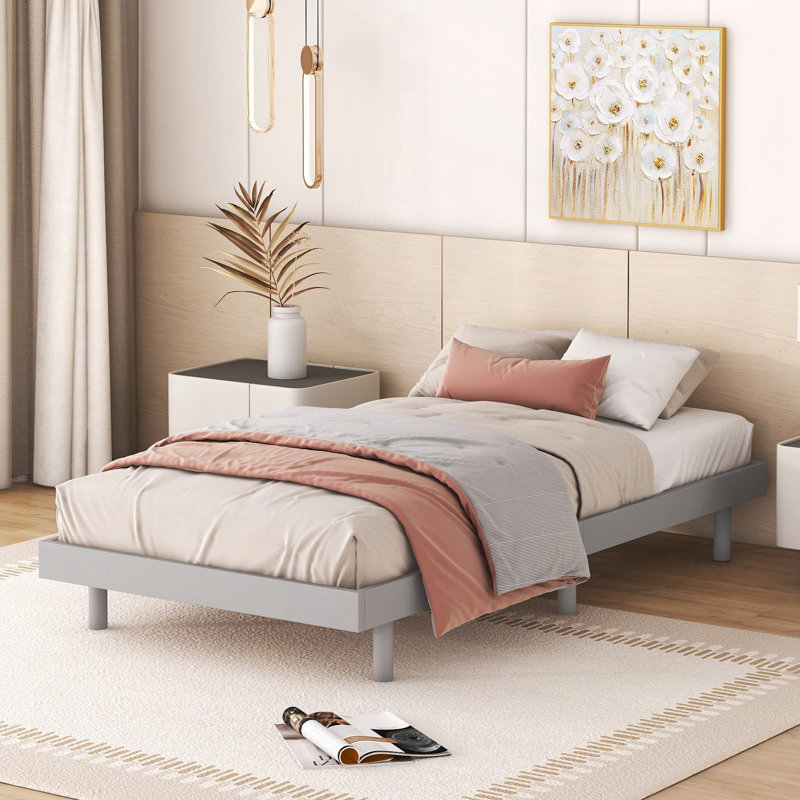 Modern Design Floating Platform Bed Frame, Gray, Twin