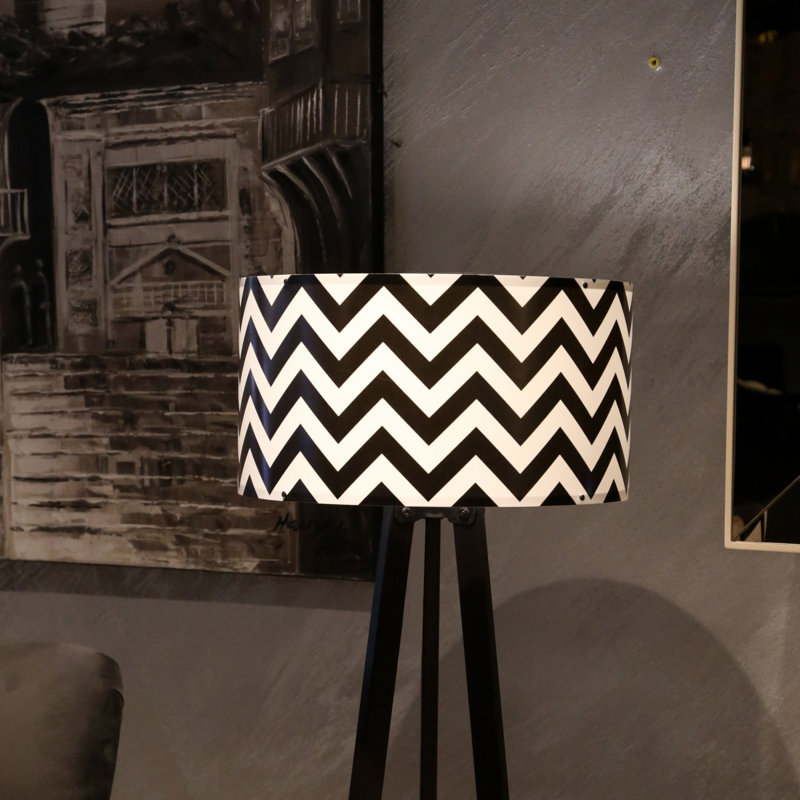 Modern Floor Lamp with Striped Design, Black & White, 47.2 in Height | 100% PVC Shade, MDF Legs, E27 Socket (Max 40W) | Stylish Chevron Pattern for Living Room, Bedroom & Office Décor