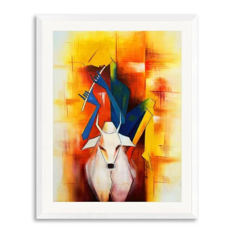 Krishna The Cowherd Print by Amar Singha, White Single Picture Framed Paper, 22" H x 18" W, White