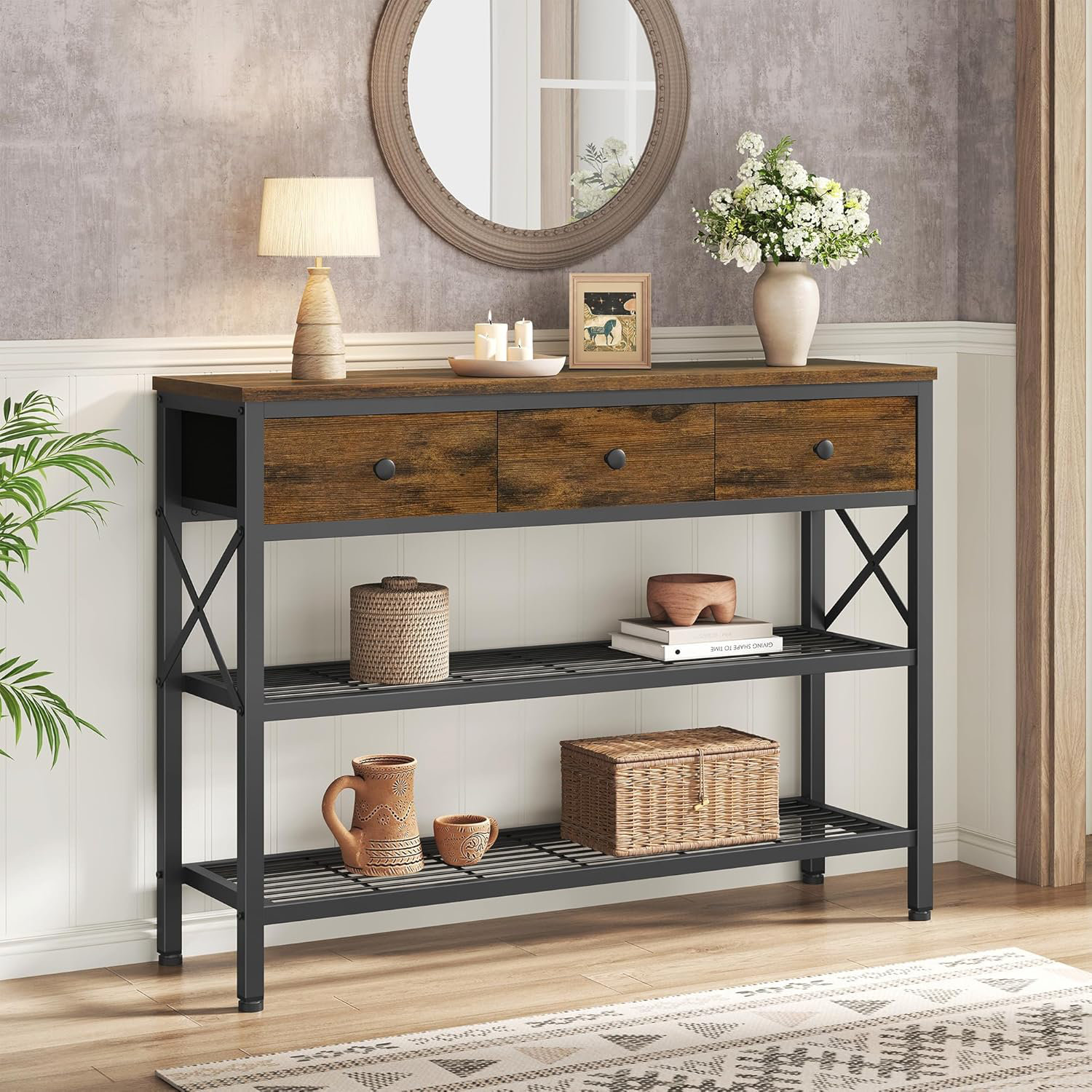 17 Stories Narrow Console Table With 3 Fabric Drawers, Small Entryway ...