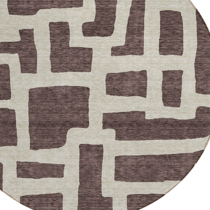 Tapis d'intérieur rond lavable abstrait brun et beige 8 pi