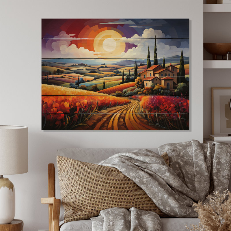 Italie, Toscane, vignobles IV sur bois, H 10 po x l 20 po x P 0,78 po