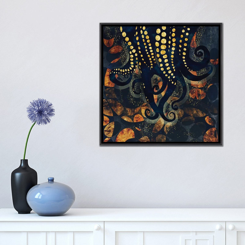 «Metallic Ocean I», reproduction d'impression, H 18 po x l 18 po x 1,5 po, Toile avec cadre noir patiné, Pas de tapis