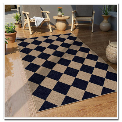 Checkered Easy Jute 3X5 Rug, Black Washable Non-Slip Diamond Carpet, Indoor Outdoor Mat For Front Door Living Room Farmhouse Patio Deck Camping
