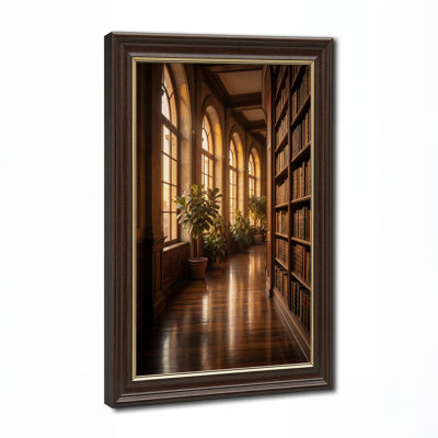 Sunlit Library Hallway with Wooden Bookshelves Canvas Wall Art