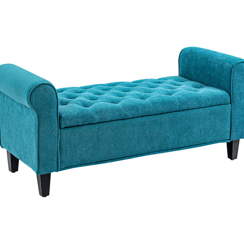 Banc de chambre de 50 po, sarcelle rembourré avec accoudoirs roulés et rangement caché pour le salon, compartiment de banc d'entrée