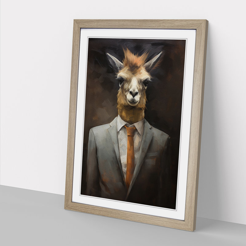 Llama In A Suit - Single Picture Frame Print on Wood, 46cm H x 34cm W x 2cm D, Oak