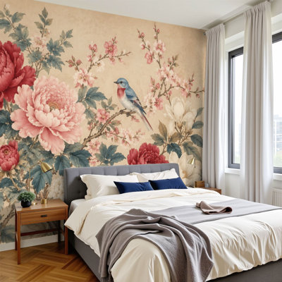 Peel and Stick Wallpaper Floral Red Pink Peonies White Magnolia Cherry Blossoms Bluebird Branch Wall Murals 100"H x 144"W Removable PVC Wall Paper Self-Adhesive Wall Decor for Bedroom Home Office