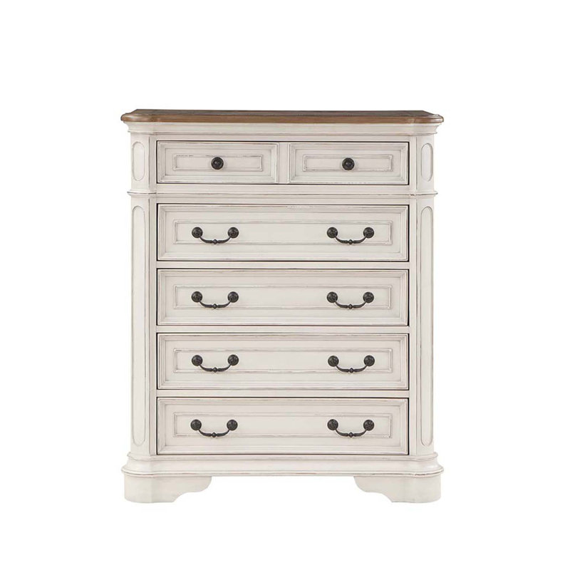 Commode 5 tiroirs Florian, finition blanc antique