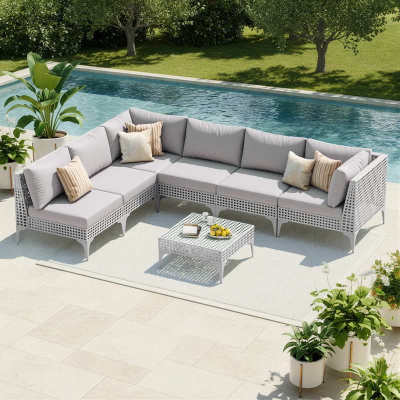 Ensemble de conversation modulaire en osier pour 6 personnes avec coussins et table basse, ensemble de conversation en forme de L / U