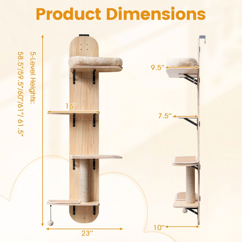 Arbre à chat suspendu à la porte, hauteur réglable sur 4 niveaux, avec coussin moelleux, beige., Beige