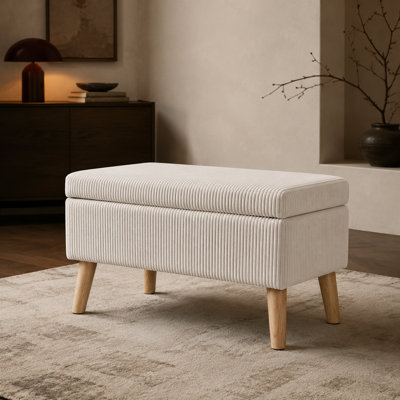 Repose-pieds de rangement en velours côtelé brun clair de 31,79 pouces de largeur avec pieds et coussin en bois; Convient pour une utilisation comme banc de lit ou banc à chaussures dans la chambre à coucher, le salon ou l'entrée.