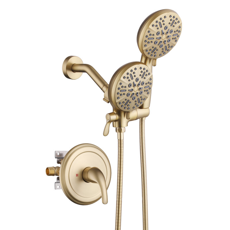 Système de pomme de douche double à 3 voies en or brossé Weshi, corps de valve en laiton massif anti-brûlure à pression équilibrée, pomme de pluie fixe à 6 jets et pulvérisateur à main à 8 jets, ensemble de douche complet à haute pression
