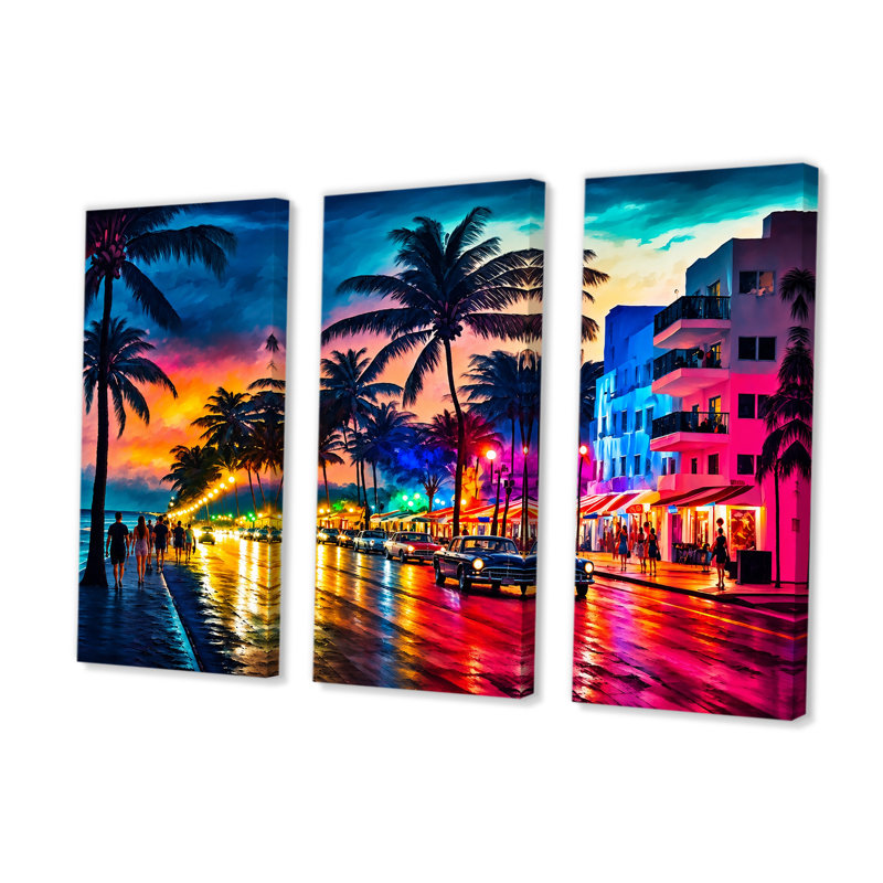 Edolie Miami Beach Holidays 3 Architecture - 3 pièces sur toile, H 28 po x l 36 po x P 1 po, Toile tendue