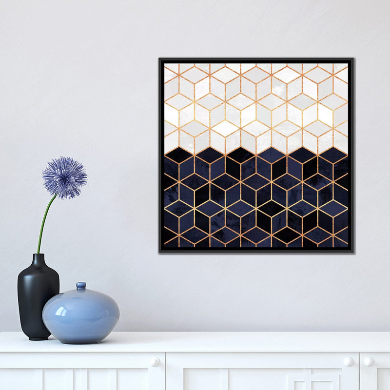 «White and Navy Cubes» par Elisabeth Fredriksson - impression d'art graphique, Toile avec cadre noir