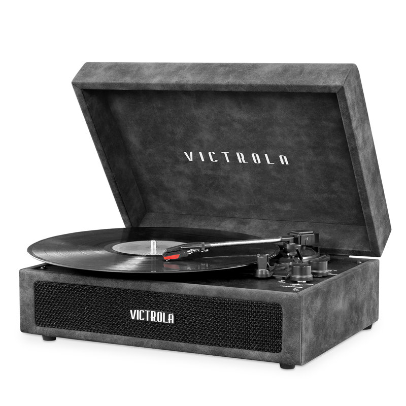 Tourne-disque décoratif à valise Bluetooth avec tourne-disque 3 vitesses Parker, Gris peau d'agneau