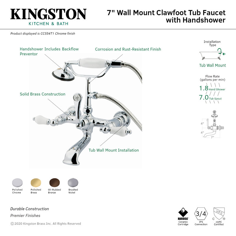 Kingston Brass Vintage Three-Handle 2-Hole Tub Wall Mount Clawfoot Tub Faucet with Hand Shower, Brushed Nickel