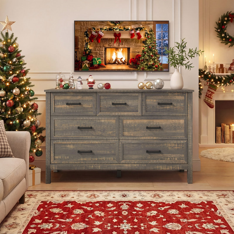 Commode 7 tiroirs l 47 po, Chêne rustique foncé