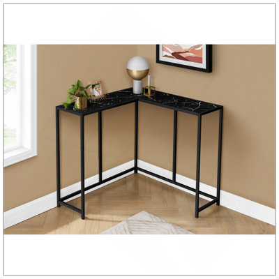 Accent Table, Console, Entryway, Narrow, Corner, Living Room, Bedroom, White Marble Look Laminate, Black Metal, Contemporary, Modern