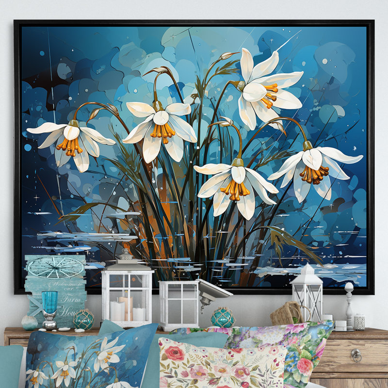 «Realistic Snowdrops Winter Chills III», reproduction sur toile, H 16 po x l 32 po x P 1 po, Cadre flottant noir