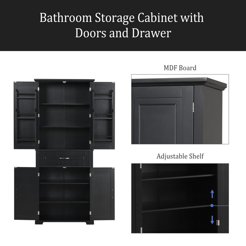 Armoire de rangement de salle de bain avec portes et tiroir, plusieurs espaces de rangement, tablette réglable, Noir