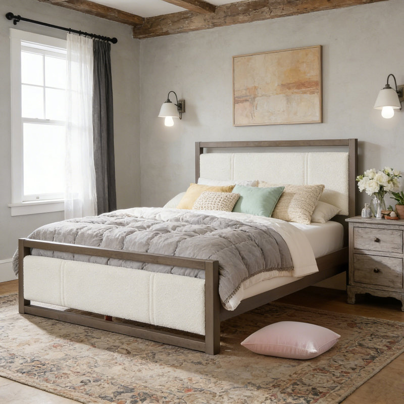 Felicio Boucle Upholstered Wooden Platform Bed, Queen