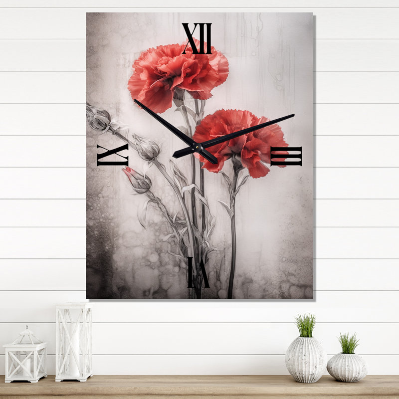 Horloge murale rouge avec œillets rouges et encre liquide I, Petit