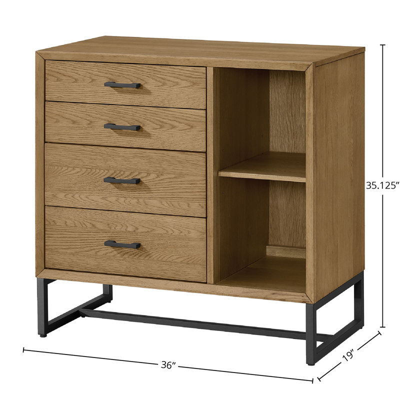 Bibliothèque-commode en bois massif à 4 tiroirs Newport, chêne naturel