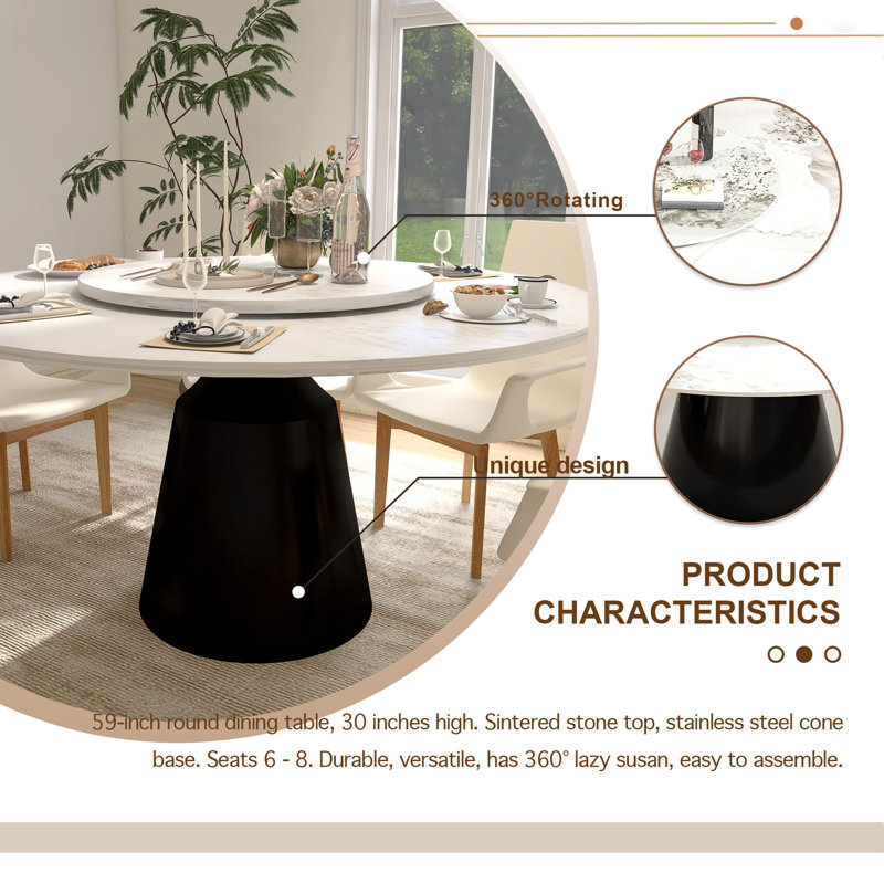 59" Marble Round Dining Table, Black