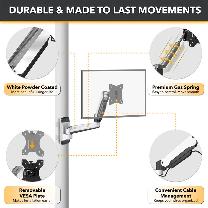 CondoMounts NO Drill Full Motion Pillar/WorkBench Monitor Mount,Holds 18lbs,Up to 32" Monitor, White
