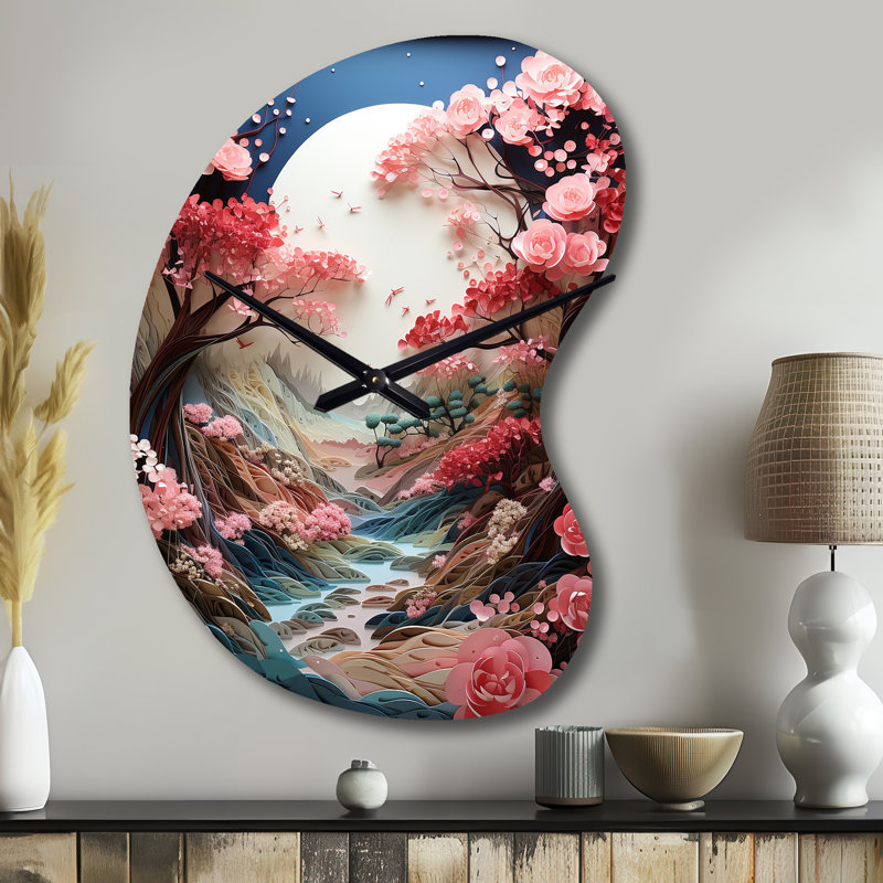Asian Art Zen Garden V - Art asiatique, horloge murale asymétrique en métal, impression d'horloge murale de forme irrégulière rose
