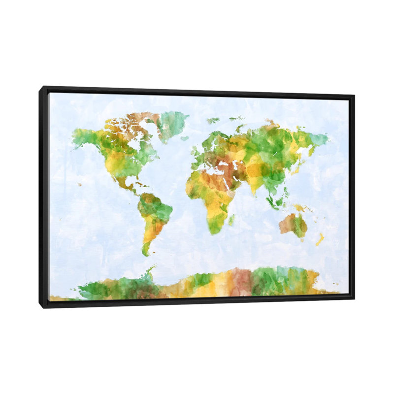 « world map » par michael tompsett, reproduction d’art sur toile, H 18 po x l 26 po x P 1,5 po, Toile avec cadre noir