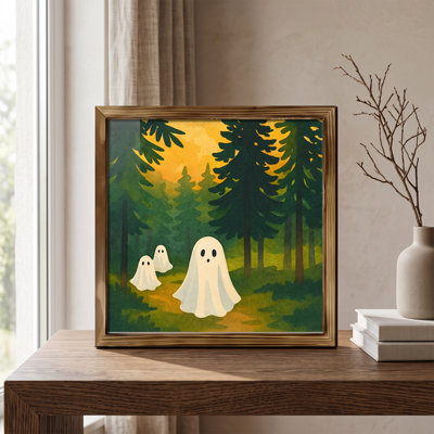 Halloween Decor Natural Wood Framed Cute Ghost Halloween Wall Art Print Wooden Framed Decor Picture Spooky Ghost Illustration Wall Hanging Decor For