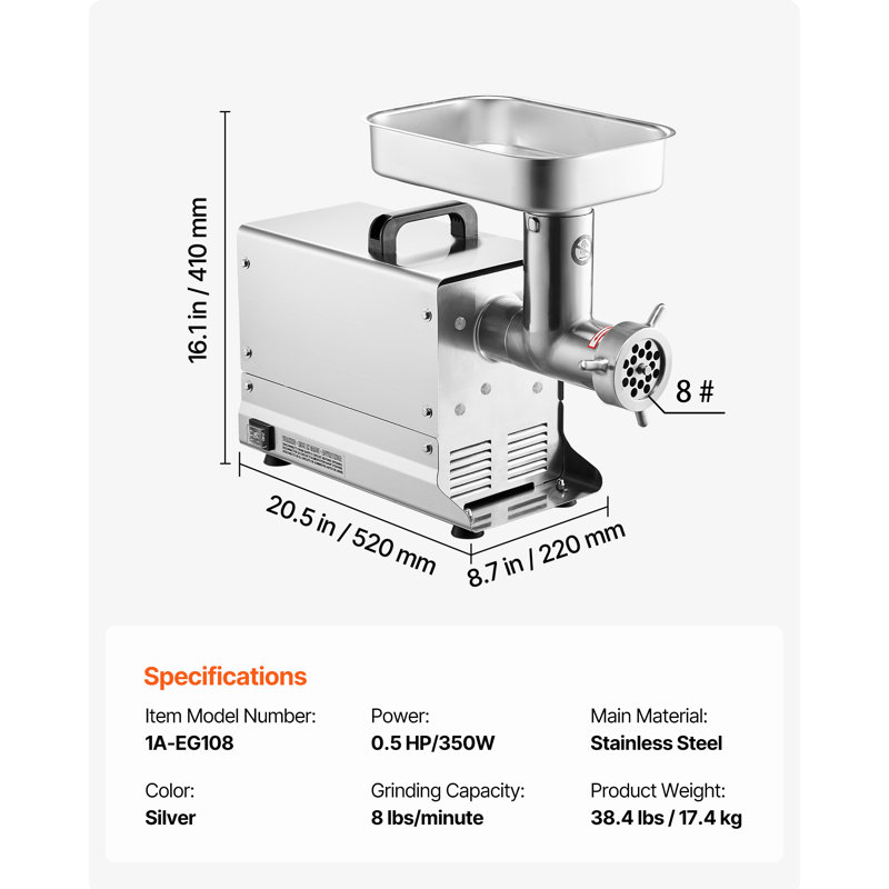 Hachoir à viande commercial commercial 13 lb / min, H 16,14 po x l 20,47 po