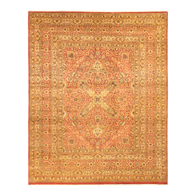 Tapis orange en laine noué à la main de conception unique 8 pi 2 po x 10 pi 2 po Clester Mogul