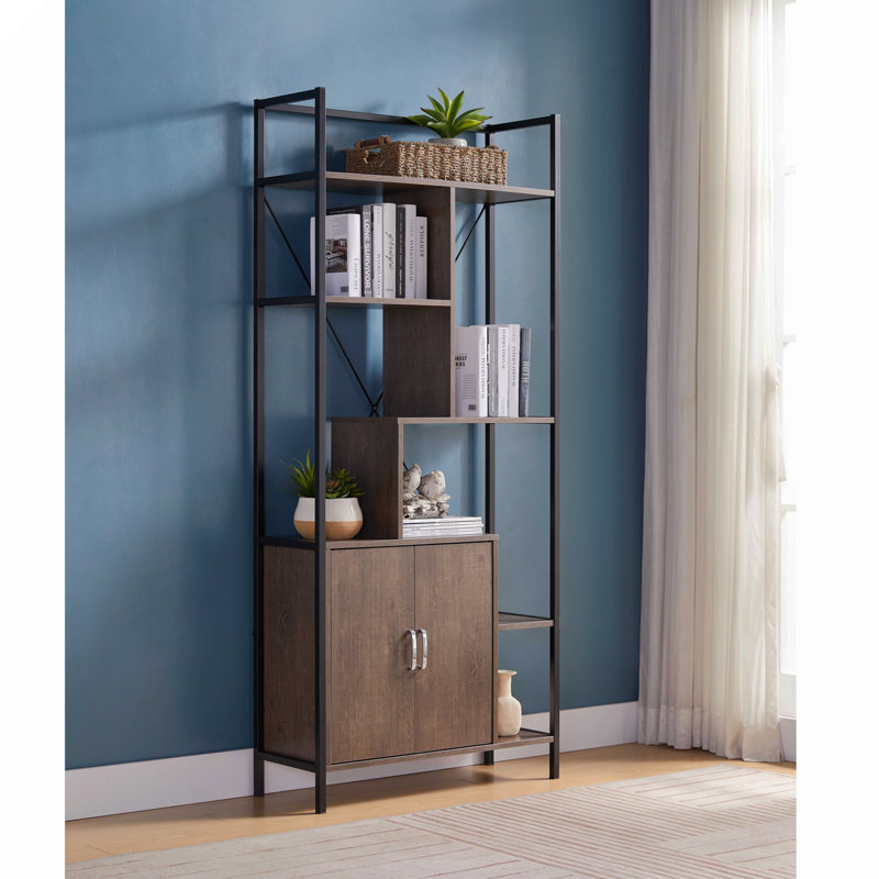 6 Shelf  Bookcase With 2 Door Storage Cabinet With 2 Shelves -  And Metal, Brown