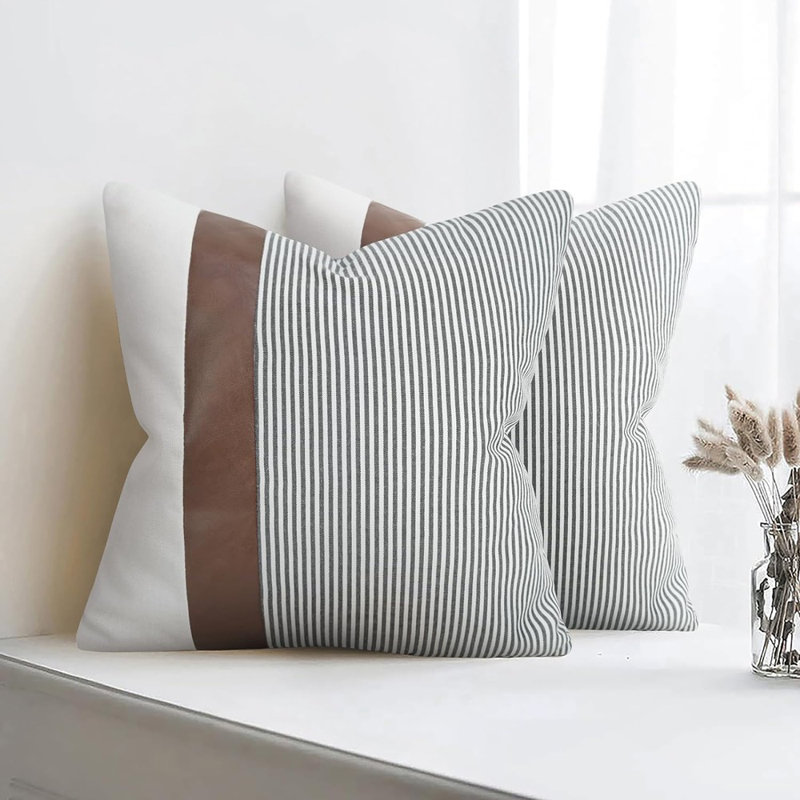 Stripe Linen Patchwork Decorative Throw Pillow Covers, White/Brown/Gray