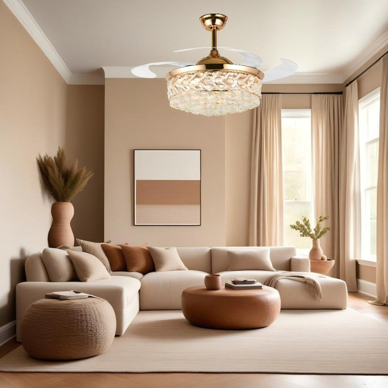 42 Inch Gold Heart-shaped Crystal Invisible Fan Light With Remote Control