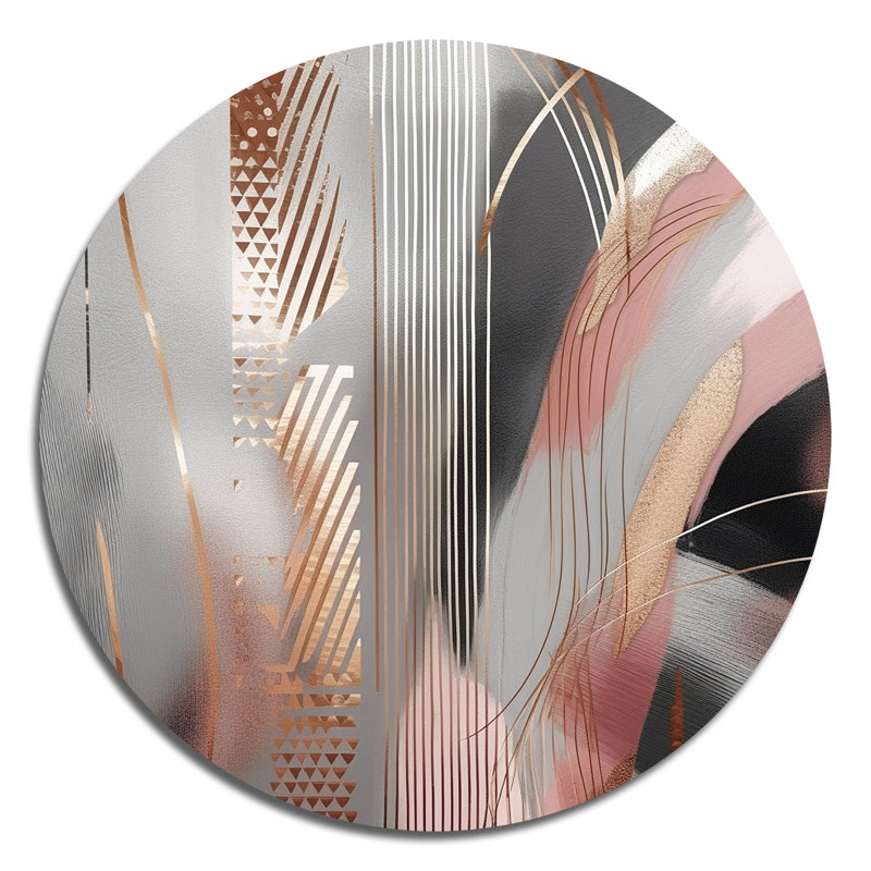 Rose rose, complexe de cercles dorés I - Art abstrait rond en métal, H 16 po x l 16 po x P 1 po